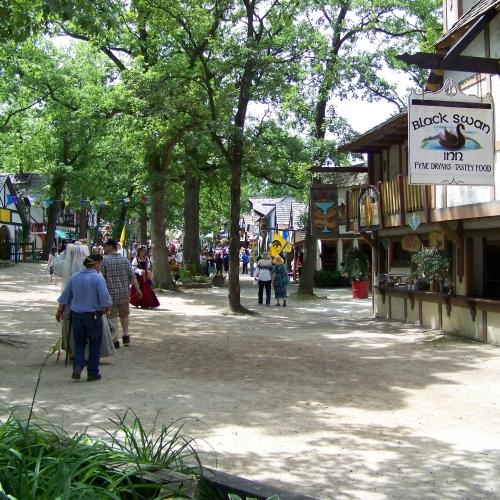 At the Bristol Renaissance Faire, most of the shops and food stands are located in a wooded area