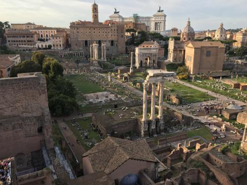 Standing on the top of the Palatine hill looking down towards the temple and Forum Romanum.