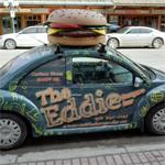 Big cheeseburger on a VW Beetle (StreetView)