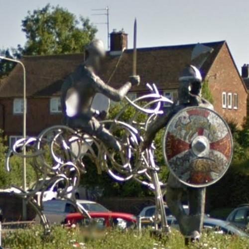 Battle of Hastings sculpture in a roundabout in Battle, United Kingdom
