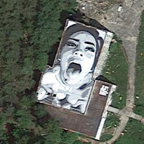 Painting on the roof of an abandoned building in Radvanec, Czech ...