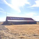 Shaniko city name written on a barn